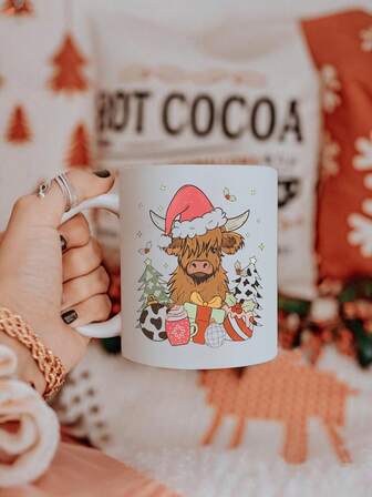 1PC 11 Ounce Ceramic Cup, Cute Highland Cow Cup On Christmas Hat - Perfect Christmas Gift, Thanksgiving Tea Cup Mug, Birthday Coffee Enthusiast Gift, Holiday Party Gift, Autumn Decoration, Winter Hot And Cold Beverage Container, Multifunctional Valentine's Day Gift, Wedding Gift, And Essential Household Kitchen Supplies! "