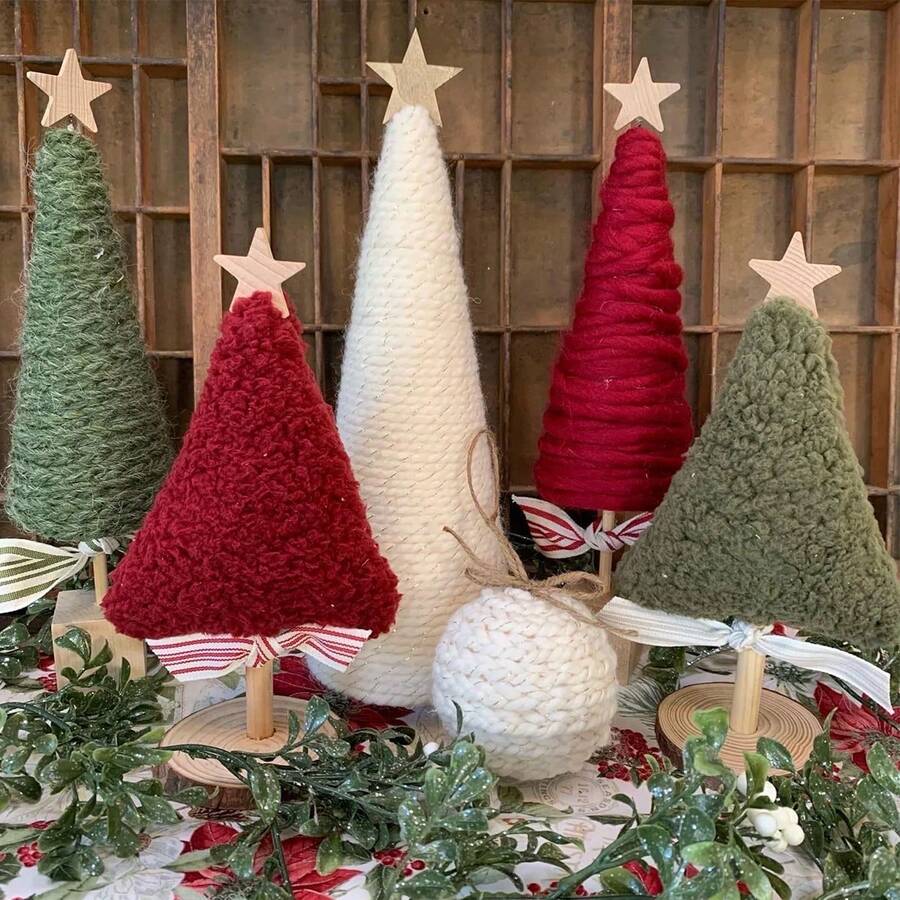 2 pièces/1 pièce Arbre de Noël en laine, fait main, décoration de table de Noël, arbre décoratif de style bohème, décorations de plateau de table en tissu, convient pour centre de table ou décorations de cheminée de style ferme pour les fêtes.