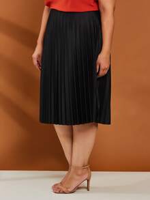 Plus Size Pleated Midi Skirt With Lined Elastic Waist - 黑色 - 查看 5