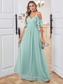 Women's V-Neck Spaghetti Strap Backless Dress With Ruffle Sleeves, Cross Pleated Flared Hem Bridesmaid Gown - Green - View 4