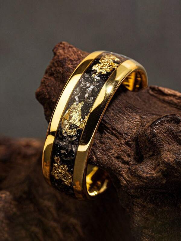 1 pezzo Anello di lusso con sfondo nero e oro, con foglia d'argento, stile business alla moda unisex, anello per il drenaggio linfatico, gioiello da donna