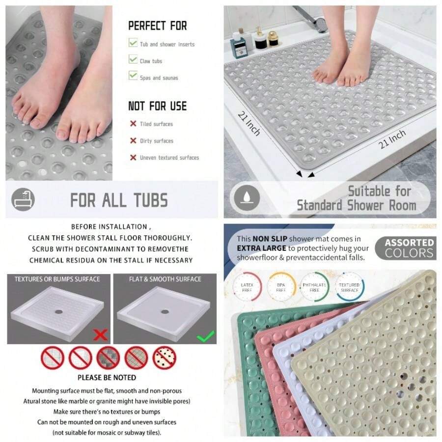 Shower Bathtub Non Slip, 21x21 Inch, Soft Square Bath Tub With Suction Cups And Drain Holes, Stall Floor Mats Bathroom, Washable, Bathroom Accessories, Gray
