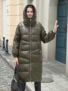 ZIAI 纯色拉链口袋抽绳连帽羽绒服，冬季 - 軍綠色 - 查看 4