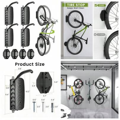 Swivel Bike Wall Mount [4 Pack], 150° Swivel Vertical Bike Rack Wall Hanger Holds Up To 66lbs For Mountain/Road/Hybrid Bikes, Bike Hangers, Bicycle Storage Rack For Garage