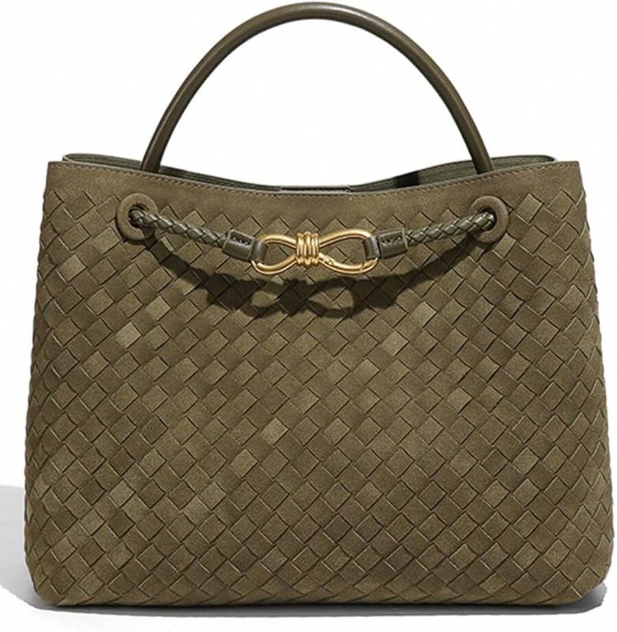 Suede Woven Tote Bag For Women Retro Woven Bag Handbag Bow Shoulder Satchel Suede Crossbody Purse Handle Tote Handbags2025 - 綠色 - 查看 1