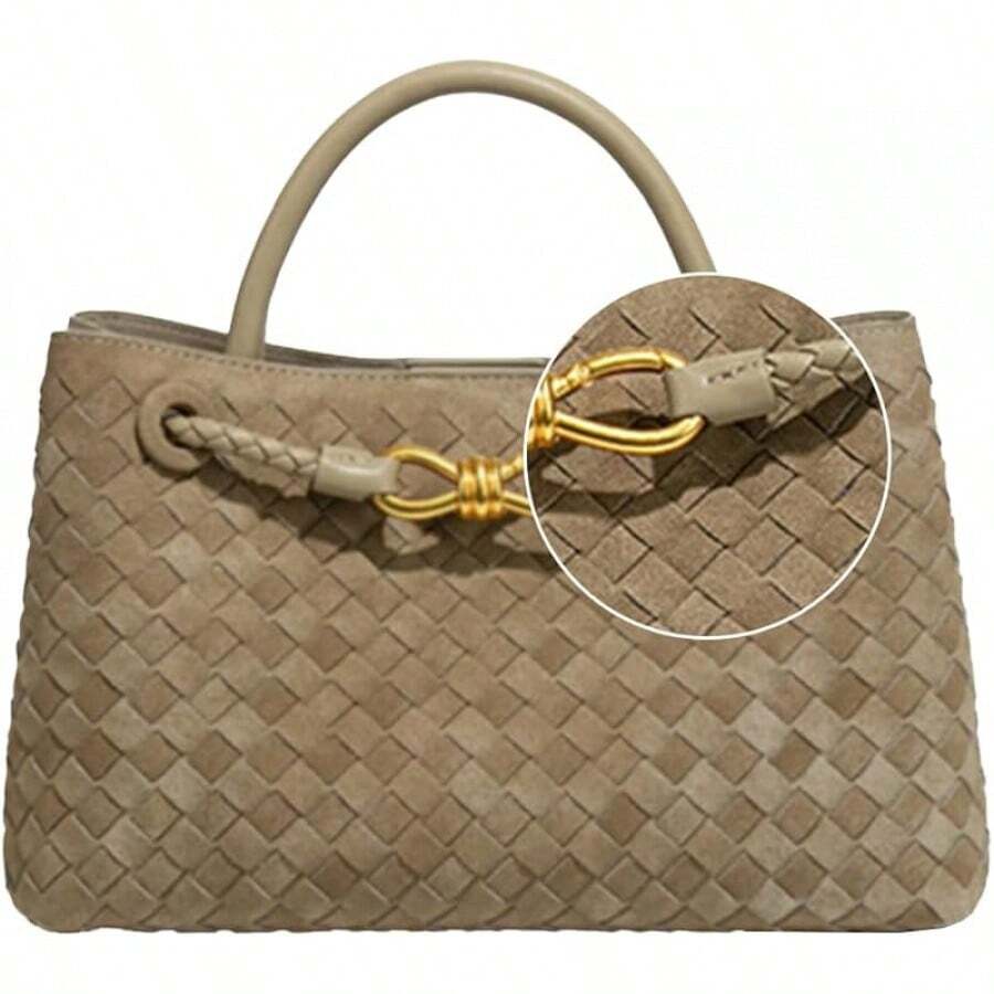 Suede Woven Tote Bag For Women Retro Woven Bag Handbag Bow Shoulder Satchel Suede Crossbody Purse Handle Tote Handbags2025 - 淺卡其色 - 查看 1