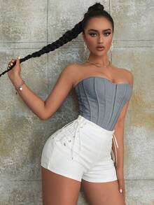 Apperloth A Corset de busto alto con huesos, estilo vintage, con cierre frontal de gancho y ojo, cordones en la espalda, sin espalda, moldeador corporal, top tubo recortado