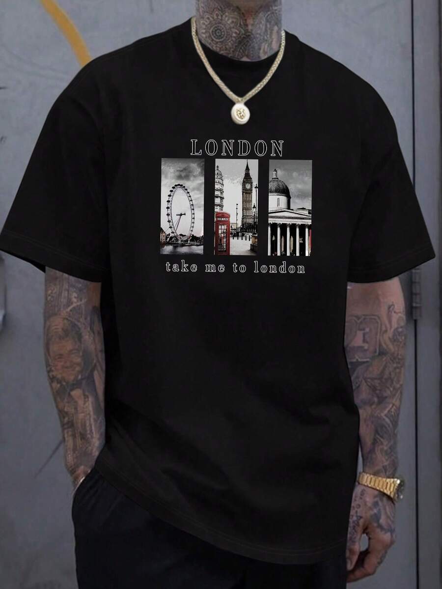Summer Men'S Top, Patterned Short Sleeve T-Shirt Men'S, T-Shirt Men'S, Short Sleeve T-Shirt Men'S, Short Sleeve Men'S T-Shirt Short Sleeve, Round Neck Design, 100% Cotton Material, Soft Smooth T-Shirt, Men'S T-Shirt Short Sleeve Graphic Printing - 黑色 - 查看 1