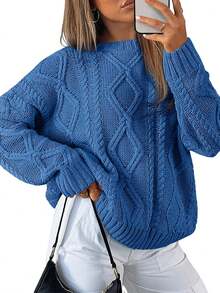 2025  Women's Oversized Cable Knit Crewneck Sweaters - Camel - View 6