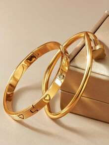 2 Stücke/Set Boho Stil Edelstahl vergoldet Glücksklee, Herz & Stern Armreif Set, 18K Beschichtung mit Strass - perfekt für Einkaufen, Kostümpartys und romantische Dates, Geschenk