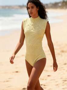 Strapless Bodysuit With Knot Detail, Simple Textured, Beach Vacation Style, Simple Textured Knit, Cable Knit, Beach Vacation Style. - 黃色 - 查看 2