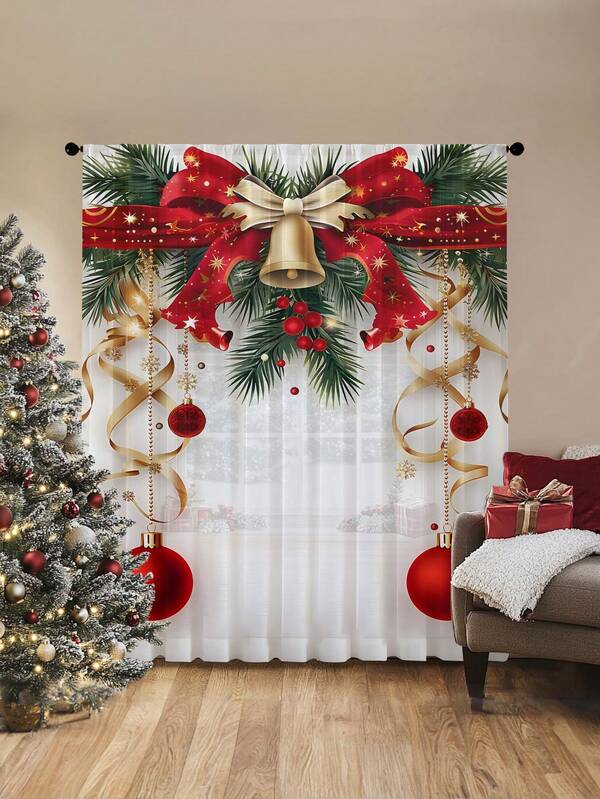 1 pieza Decoración de cortina de campana de mariposa dorada de Navidad, cortina transparente de poliéster con flores doradas, globos, ramas de pino, árbol de Navidad, adecuada para sala de estar, fiesta de Navidad, dormitorio, cocina, 100g/㎡ Decoraciones navideñas Decoración navideña Decoraciones navideñas Decoración del hogar Decoración