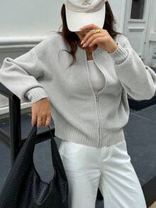 Frühling & Herbst Neue Einfarbige Runder Ausschnitt Reißverschluss Strickjacke für Damen, Weich Koreanisch Elegant Lässig Oversized Pullover, Vielseitig für Ausflüge & Pendeln, Frühling Damen Bekleidung Neujahr - Nebelgrau - Übersicht 4