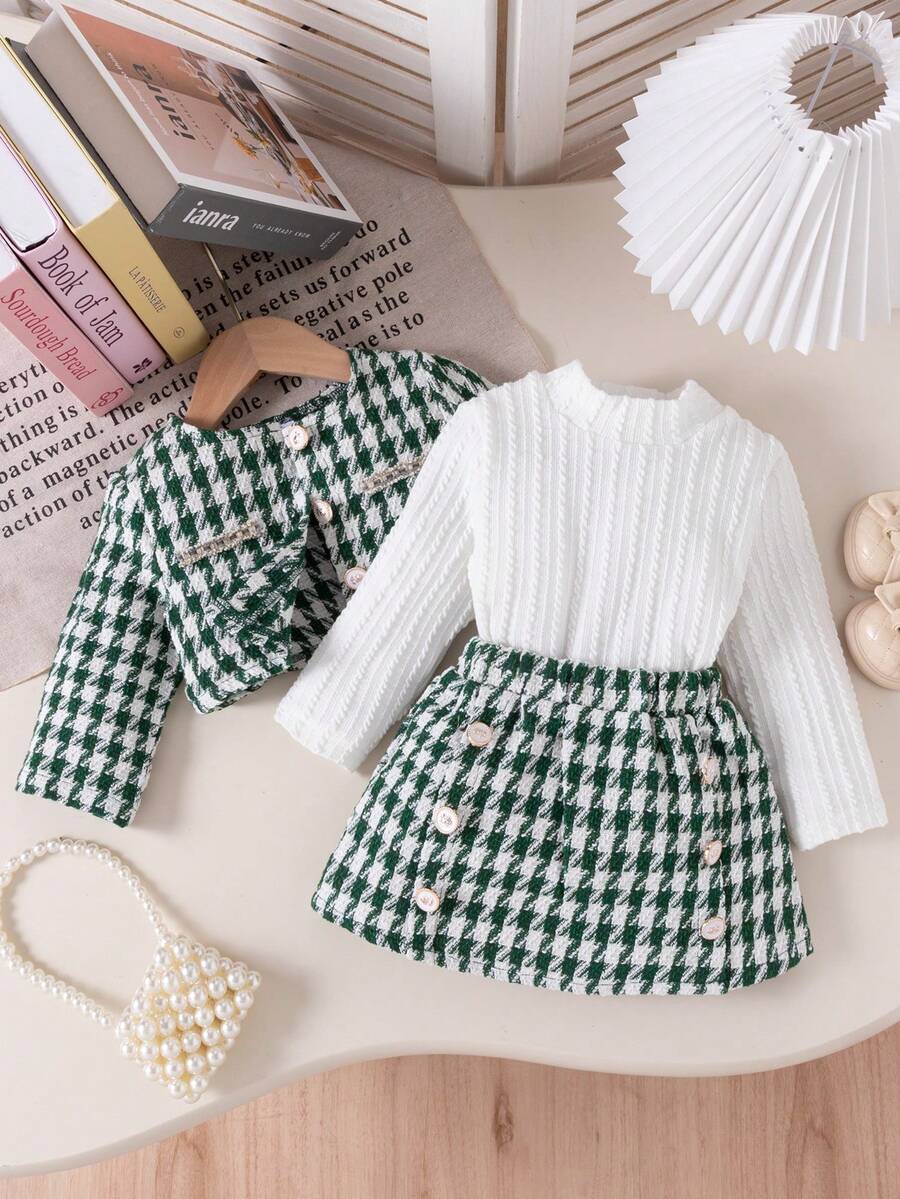 3 件套幼儿女童时尚红色格子夹克、高领上衣和玫瑰纽扣裙，秋冬 - 綠色 - 查看 1