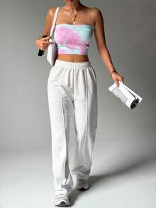 Calças esportivas femininas de cor sólida com cós elástico, calças casuais de corrida e fitness