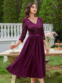 MIUSOL Elegant Maroon V-Neck Sequin Lace Ruched Chiffon A-Line Flowy Hem Midi Dress, 3/4 Sleeves, For Wedding Guest, Cocktail Party, Graduation Or Formal Evening Events - 紫紅色 - 查看 5