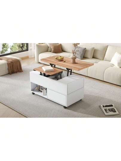 100*50*52cm Couchtisch Mit Rollen, Multifunktionaler Wohnzimmertisch Schubladen, Anhebbarer Kaffeetish, Höhenverstellbar Sofatisch, Beistelltisch Und Esstisch Stauraum, Weiss Holzfarbe view 4