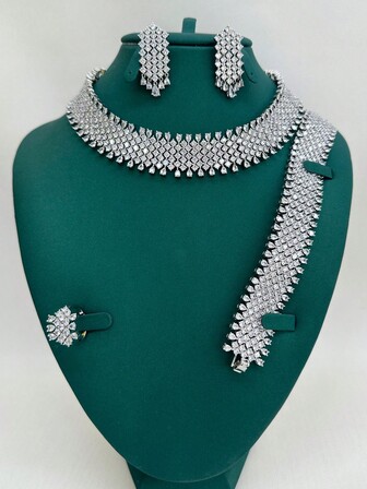 4 st/set Koppar Kubisk Zirkonia Lyxigt Kvällssmyckeset - Halsband, Armband, Örhängen, Ring Med Tofs, Bröllopsgåva