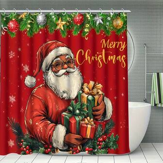 1 st., klassiskt rött lastbilsbärande julgranar tryckt duschdraperi, inkluderar 12 krokar, polyestertyg, lätt att rengöra, för rum, hem, hotell, maskintvättbart badrumsdraperi, universal året runt