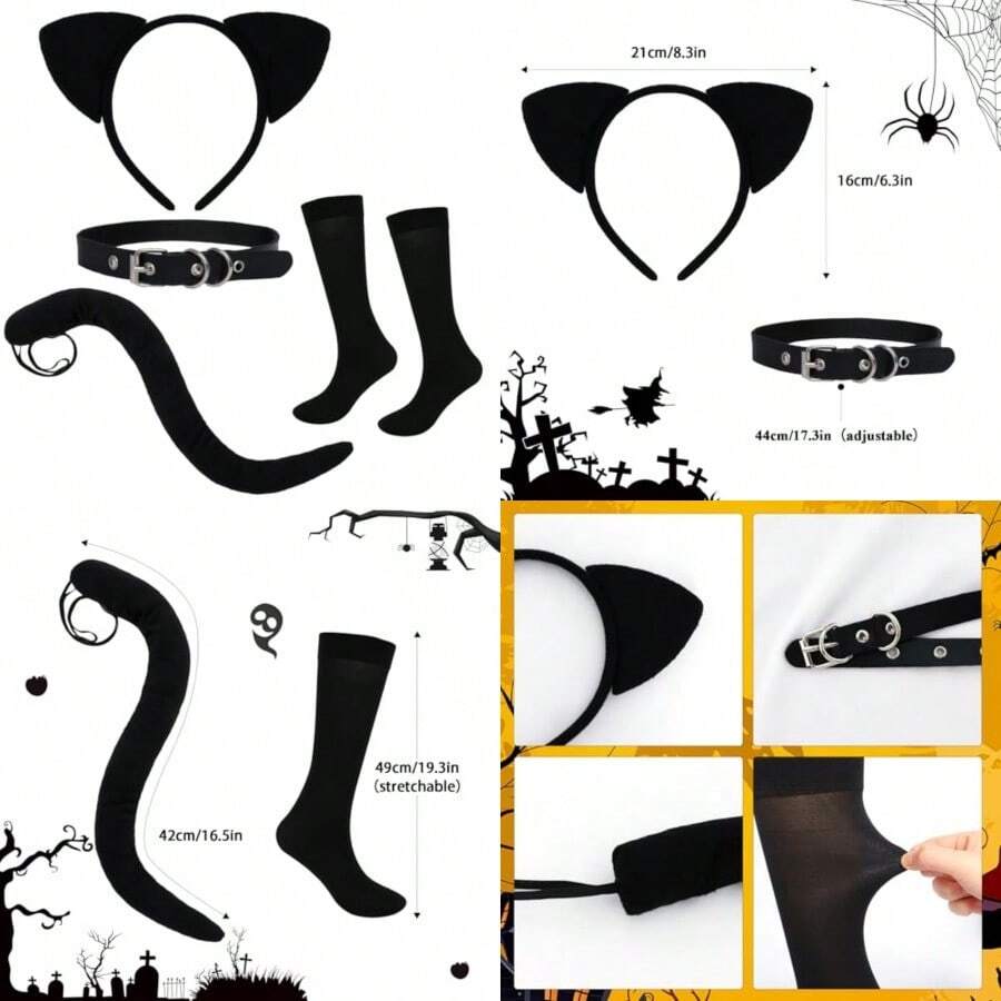 Cat Ears Headband And Tail Collar Black Knee Sock Set For Women Girls Cat Costume Accessories Kit Halloween Party Cosplay Costumes Set - 如圖 - 查看 1
