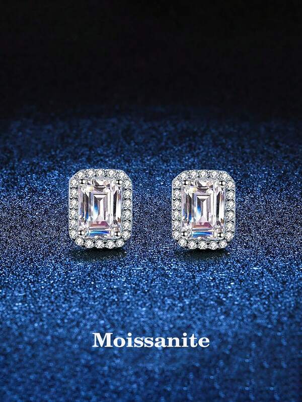 2pcs 925 Sterling Silver 0.5Carat X 2 Moissanite Square Stud Earrings, Suitable For Women's Daily Wear, Party, Holiday, Valentine's Day, Mother's Day, Birthday, Wedding Anniversary, Women's Jewelry Gift