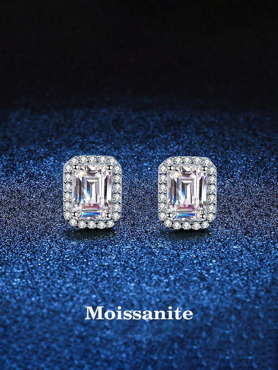 2pcs 925 Sterling Silver 0.5Carat X 2 Moissanite Square Stud Earrings, Suitable For Women's Daily Wear, Party, Holiday, Valentine's Day, Mother's Day, Birthday, Wedding Anniversary, Women's Jewelry Gift