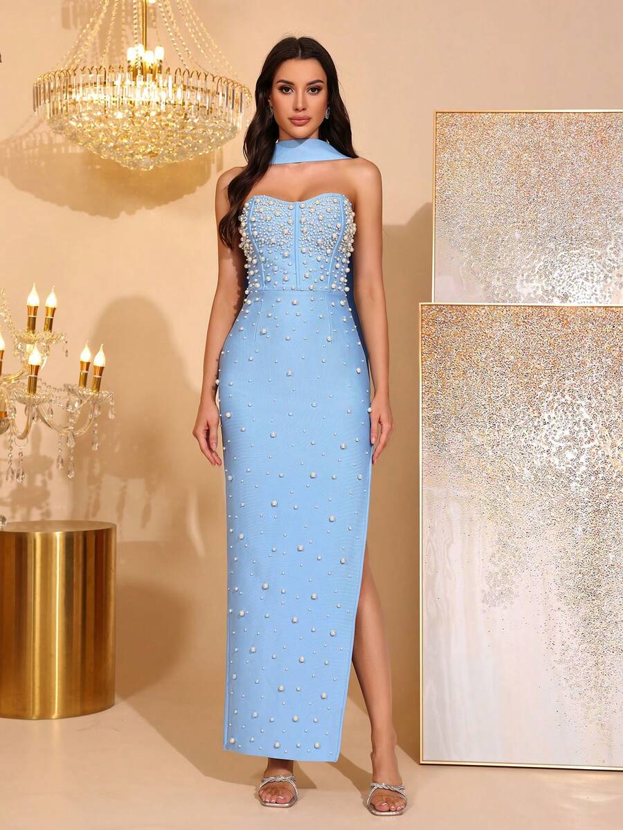 Elegant Beaded Decor Strapless High Slit Bridesmaid Dress, Bandage Party Gown - Baby Blue - View 1