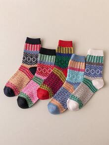 5 Pairs Women's Bohemian Style Christmas Mid-Calf Socks, Suitable For Outdoor, Sports, Home, Office Everyday Wear, Autumn/Winter