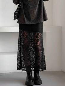 性感镂空蕾丝裙女式优雅 A 字中长裙后开叉松紧腰迷你黑色裙子 - 黑色 - 查看 3