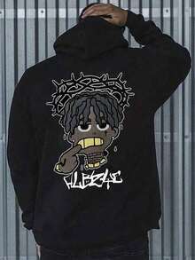 290g Hoodie _ 1pc Hoodie _ 50_cotton_50_Polyester, Cartoon Pattern Printed Hoodie With Pockets, Men's Casual Long Sleeve Drawstring, Autumn And Winter,Fall Hoodies,Men's Fall Clothes,Street Wear,Halloween,Mens Hoodies,Y2k Clothes,Jesus Hoodie,Thanksgiving Day,Nightmare Before Christmas,Christmas - Black - View 1