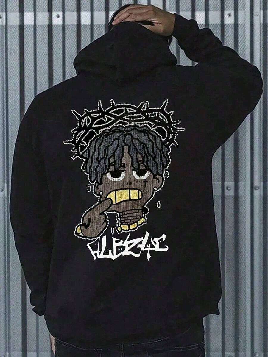 290g Hoodie _ 1pc Hoodie _ 50_cotton_50_Polyester, Cartoon Pattern Printed Hoodie With Pockets, Men's Casual Long Sleeve Drawstring, Autumn And Winter,Fall Hoodies,Men's Fall Clothes,Street Wear,Halloween,Mens Hoodies,Y2k Clothes,Jesus Hoodie,Thanksgiving Day,Nightmare Before Christmas,Christmas - Black - View 1
