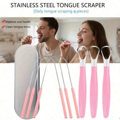 2/6pcs Stainless Steel Tongue Scraper Set,Clean Tongue Coating, Relieve Oral Odor,Pink Tongue Cleaner For Adults Ideal For Home
