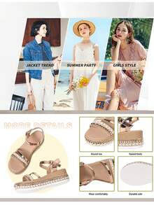 夏季考究厚底凉鞋，布艺结饰沙滩坡跟厚底罗马凉鞋，铆钉装饰，波西米亚露趾弹力踝带透气舒适休闲优雅平底凉鞋 - 金色 - 查看 7