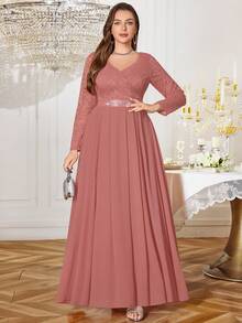 Plus V-Neck Floral Lace Contrast Chiffon Rhinestone Ribbon Waist Formal Party Long Dress, Wedding Guest Dress, For Birthday, Graduation, Homecoming - Dusty Pink - View 7