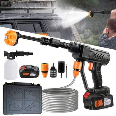 Lavadora de carros portátil alimentada por bateria, potência de 68 V/48 V/24 V para atender a diferentes necessidades, adequada para casa e jardim, máquina de limpeza portátil 5 em 1 com mangueira anti-estouro de 16 pés, recurso de anti-escaldante