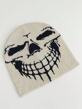 1 pieza Gorro de punto jacquard multicolor de Halloween con cara de fantasma, estilo callejero hip hop con calavera ribeteada