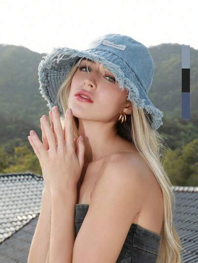 1pc Unisex Fashion Tassel Trim Denim Bucket Hat