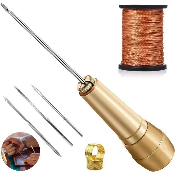 7 Pieces Handmade Leather Sewing Tools, 3 Sewing Awl Needles + 1 Copper Handle + 1 Roll Of Nylon Cord + 2 Thimbles, Canvas Leather Restoration And DIY Craft Sewing Tools