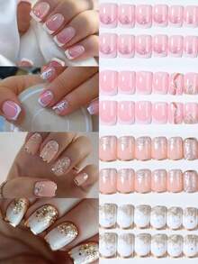 96片/套（4种不同款式）中号方形金色亮面粉色法式美甲贴纸，短款亚克力假指甲，带金色闪粉、星星和爱心图案，包含1瓶甲油胶和1把指甲锉，适合女性和女孩日常、工作、学习和派对使用。 - 彩色 - 查看 2