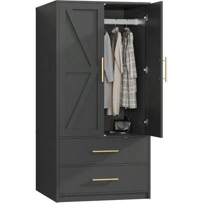 Armoire Wardrobe Closet Wardrobe Closet With Doors And 2 Drawers Bedroom Armoire With Hanging Rod Tall Armoire For Bedroom Wooden Clothing Storage Cabinet Black