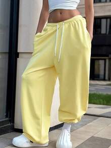 Women's Fleece Lined Sweatpants Wide Leg Thermal Winter Warm Baggy Sweat Pants With Pockets - 黃色 - 查看 1