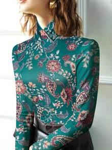 Vintage Paisley Pattern Turtleneck Fitted Long Sleeve Top, Soft Stretchy Fabric, Versatile Retro Style Floral Print Blouse For Women, Suitable For Spring - Green - View 3