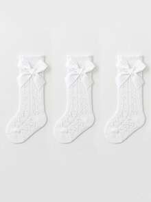 3双儿童蝴蝶结网眼白色及膝袜，透气公主款防蚊袜 - 白色 - 查看 4