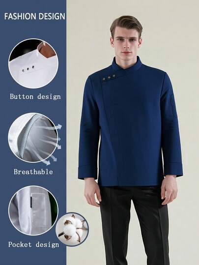 Blue High-End Chef Jacket, Long Sleeve, Breathable Mesh Shoulder, Skin-Friendly Comfortable Fabric, Durable, Non-Pilling, Non-Deformation, Unisex Design, Suitable For Catering, Bakery, Kitchen, Hotel, Restaurant, Cafeteria, Autumn/Winter/Spring Long Sleeve Chef Uniform, Black Long Sleeve Chef Jacket, Women Chef Jacket, Five-Star Hotel Executive Chef Jacket, Halloween White Top, Shirt