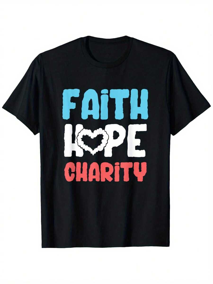 Men's Faith Hope Charity T-Shirt - 100% Cotton 180 GSM Heavyweight Casual Loose Fit Breathable Glossy Finish With Bold White & Blue/Pink Lettering - Charity Donation Awareness Apparel (S-XXXL) - Volunteering & Non-Profit Events - Faith Hope Charity Slogan Print - Lightweight & Slight Elasticity - Round Neck Short Sleeve - Machine Washable - Ideal For Charity Walks & Casual Attire - 黑色 - 查看 1