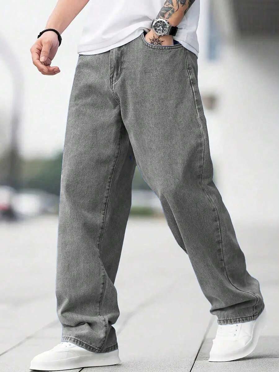 Quần jeans ống rộng dáng rộng phong cách retro thời trang dành cho nam - Màu Xám nhạt - Xem 1