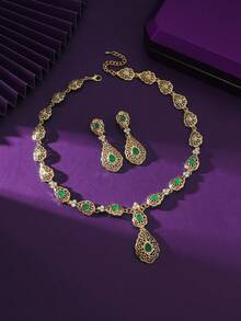 1 Set Gold-Plated Necklace & Earring Jewelry Set, Middle Eastern Arabic Floral Pattern Classic Teardrop Pendant Necklace, Luxury Wedding Jewelry, Moroccan Fashionable Style, Bridal Bridesmaid Wedding Gold Necklace Decor