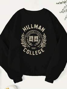 Hillman Women's Plus Size College Style Logo 250g Casual Sweatshirt - Vibrant Red Gold Letter Print, EST1883 Design, Long Sleeve Crew Neck Pullover, Autumn Winter Style, Machine Washable - 黑色 - 查看 6