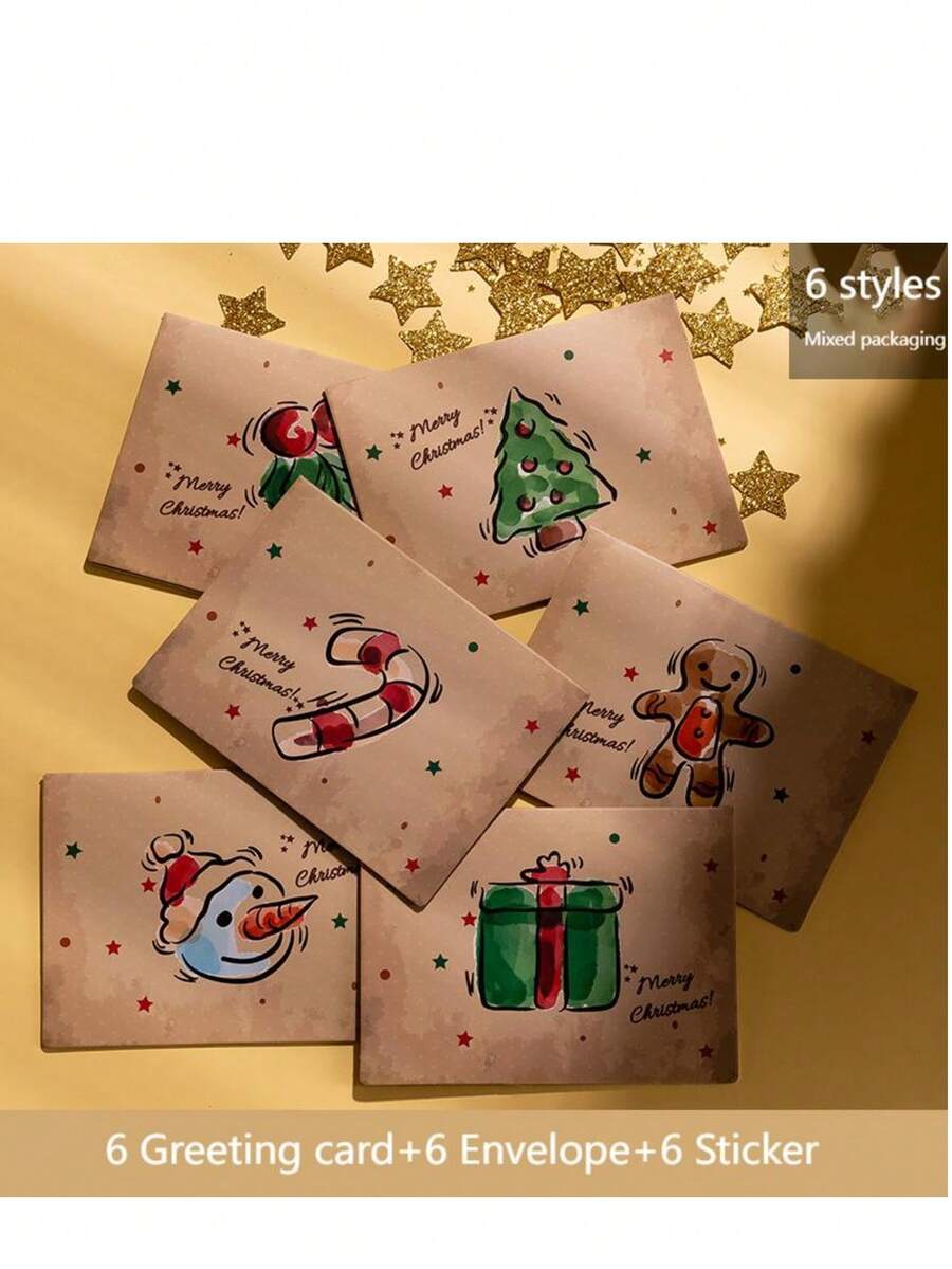 6-Pack Christmas Cards Set, Vintage Hand-Drawn Xmas Cards Gifts With Envelopes, Cute Holiday Cards Featuring Snowman, Tree, Gingerbread, And Gift Designs, Funny Christmas Cards For Kids Boys Girls Adults