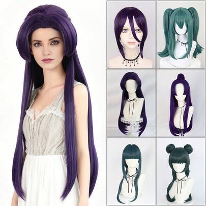 紫绿色耐热合成直发带刘海假发，女士万圣节派对服装日常圣诞节节日假发，预先造型并可直接佩戴的动漫角色扮演假发，马尾辫高髻假发，高密度，舒适免胶，耐高温纤维，玫瑰网帽，时尚百搭，外观自然，适合初学者，舞台道具等